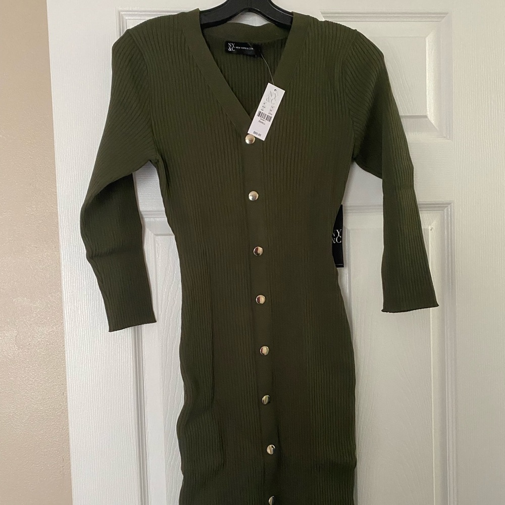 Olive Ribbed Knit Midi Dress